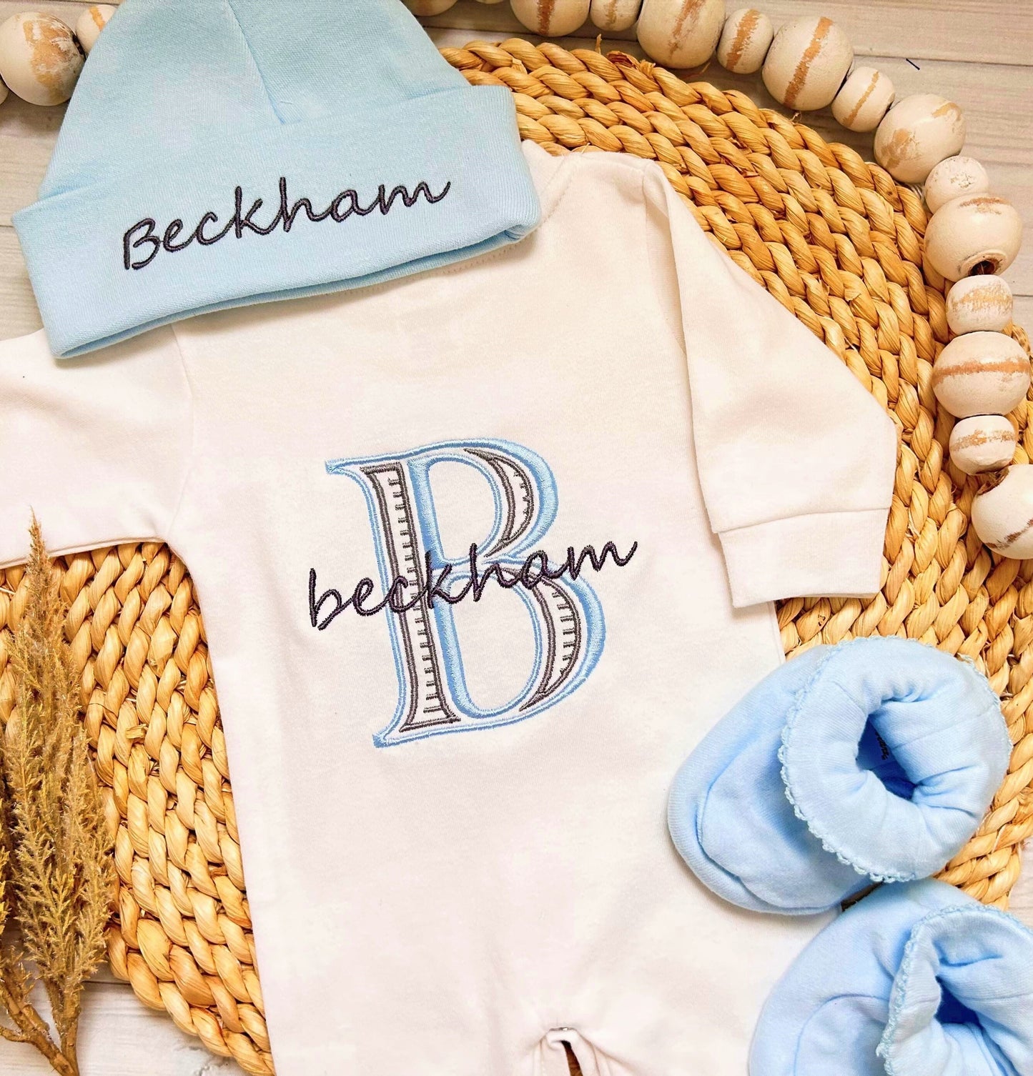 Personalized Baby Boy Outfit Romper Hat Booties