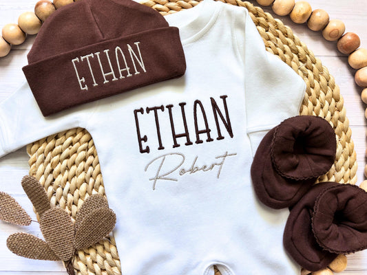 Personalized Baby Boy Romper  Brown Hat Booties
