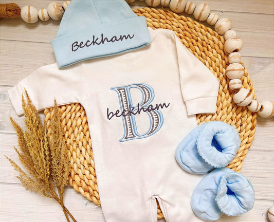 Personalized Baby Boy Outfit Romper Hat Booties