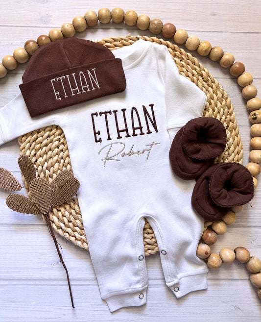 Personalized Baby Boy Romper  Brown Hat Booties