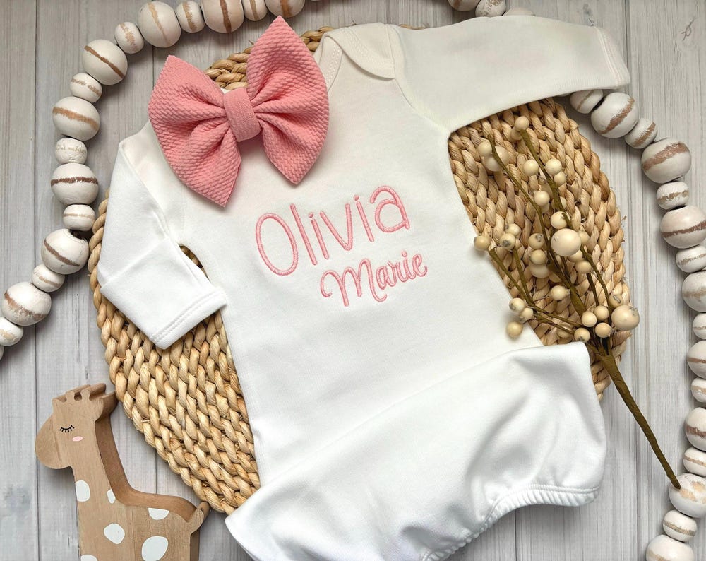Monogrammed Baby Girl Gown and Bow with